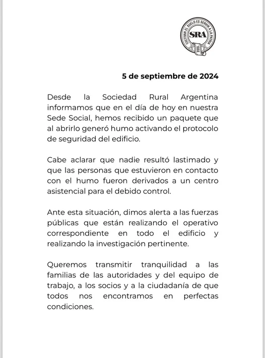 El comunicado de la SRA tras el atentado contra sus autoridades.