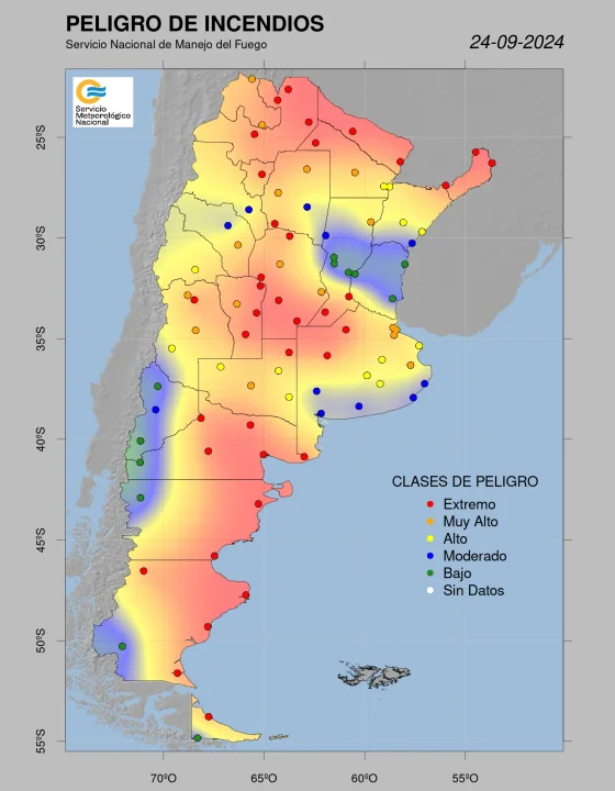 Mapa de incendios del SMN - 24 de septiembre. Fotografía: Agencia Noticias Argentinas / SMN.