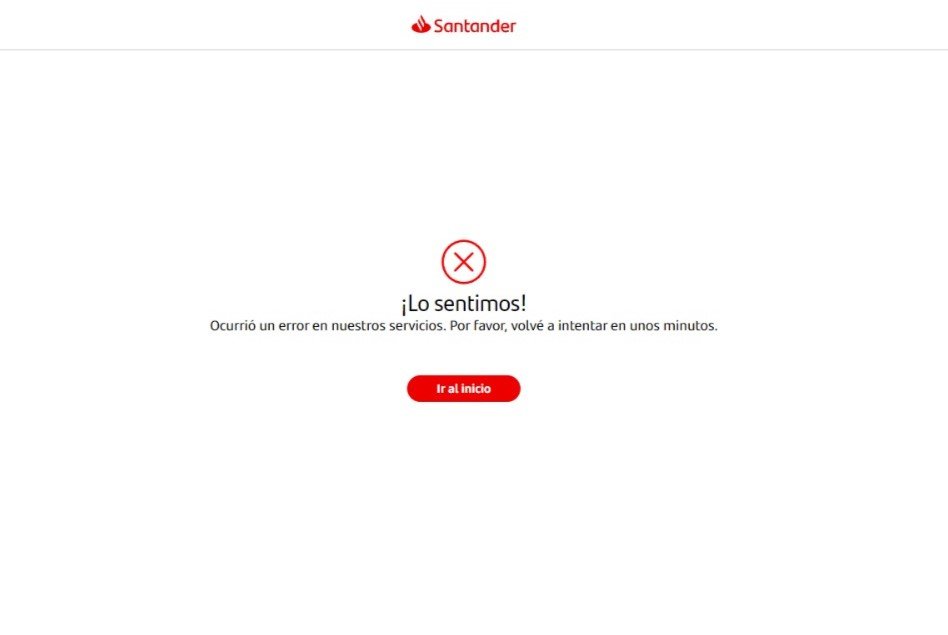 Uno de los mensajes de error que aparece en la plataforma del Banco Santander al momento de utilizarlo.