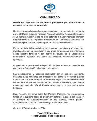 El comunicado en el que el fiscal general de Venezuela acusa a Nahuel Gallo de intentar ejecutar "acciones terroristas".