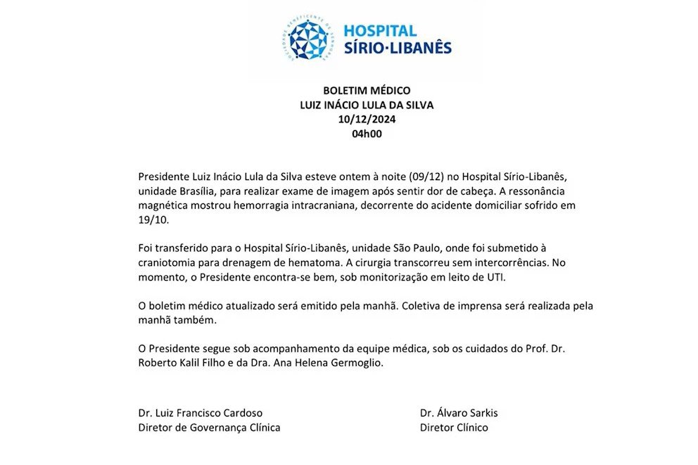 El parte médico de Lula da Silva.