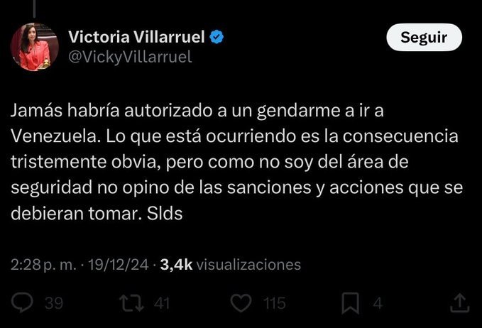 El tuit de Victoria Villarruel donde critica la decisión de habilitar el viaje del gendarme a Venezuela.