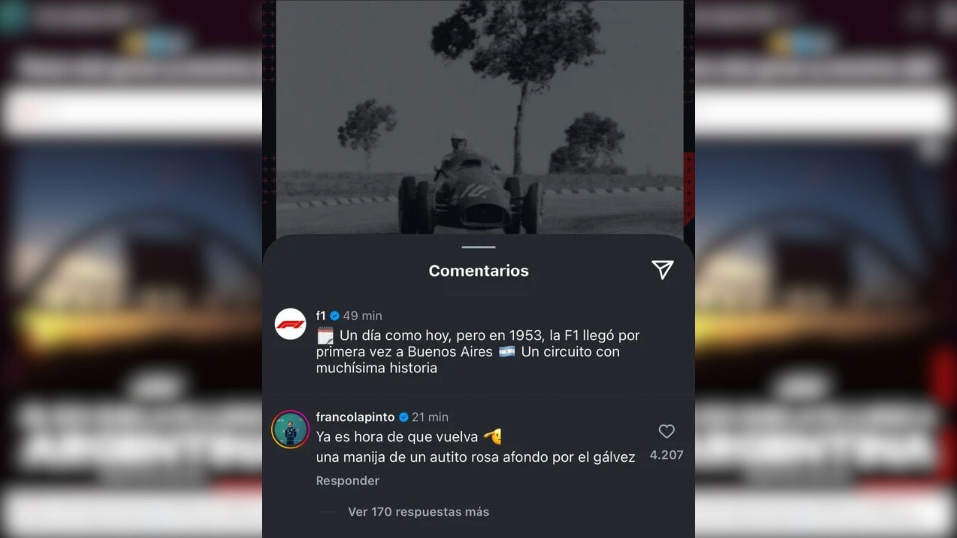 Captura de los comentarios de la cuenta de la Fórmula 1.