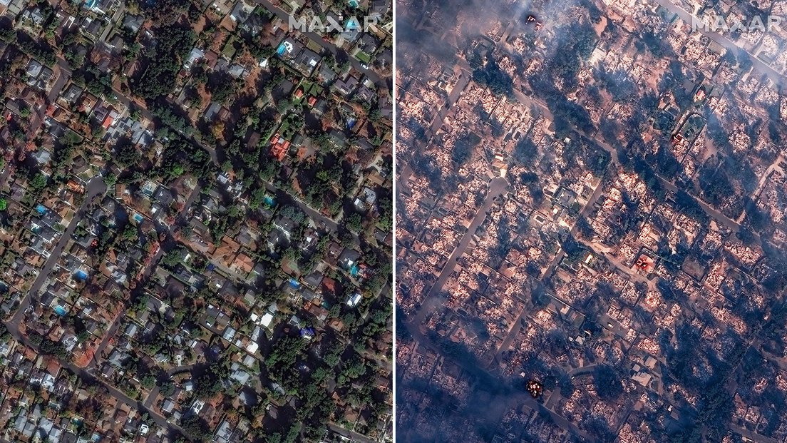 El antes y después de los catastróficos incendios en el sur de California. Foto: Imágenes satelitales publicadas por Maxar Technologies.