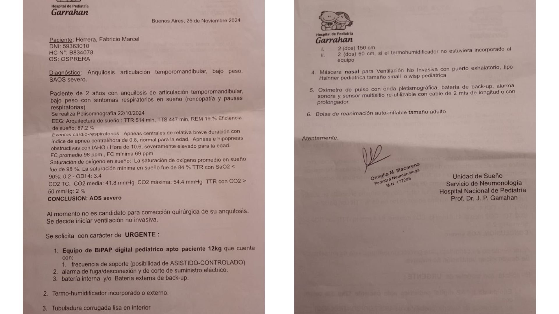 El diagnóstico de Fabricio Herrera y la solicitud de los aparatos a su obra social para su tratamiento.