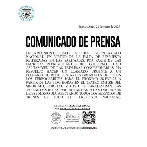 El comunicado de La Fraternidad en el que anuncia el paro para este martes 28 de enero.