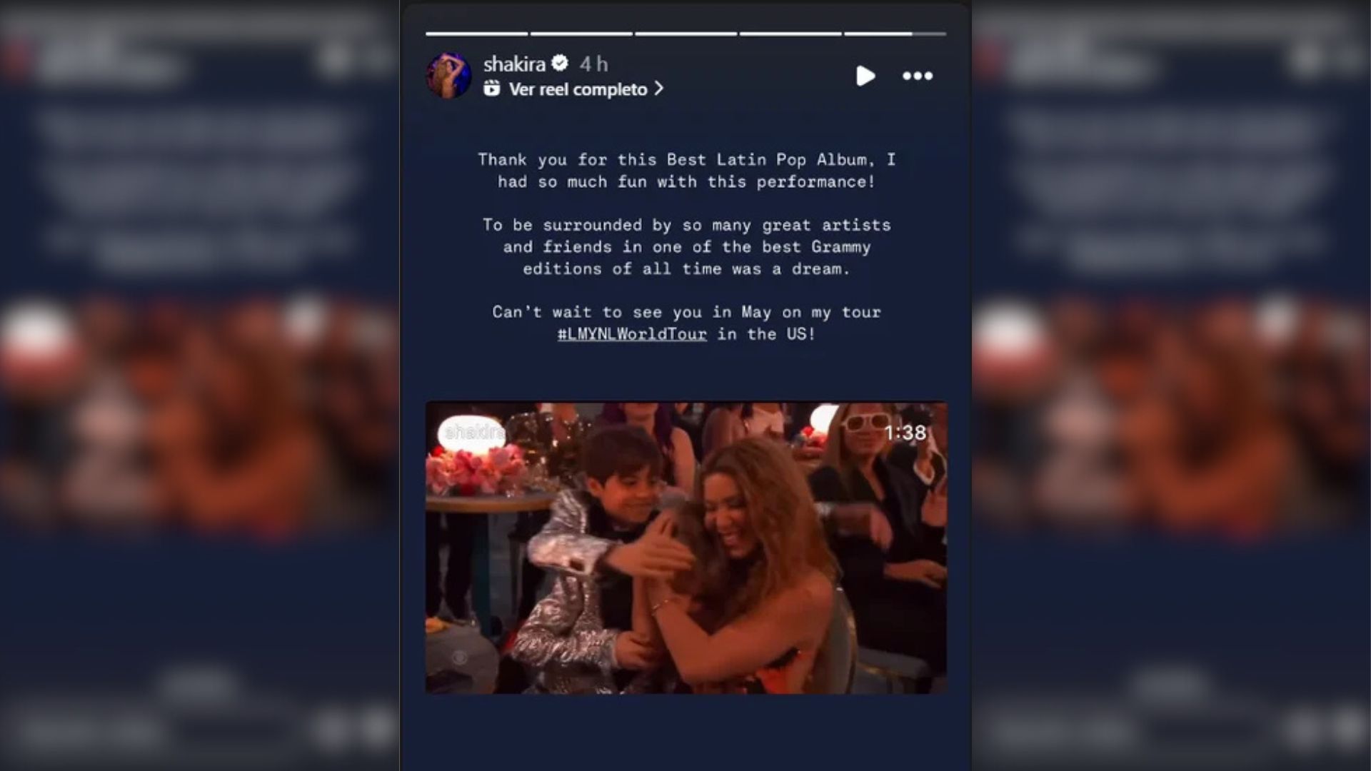 El mensaje de Shakira en sus historias de Instagram tras recibir el Grammy.