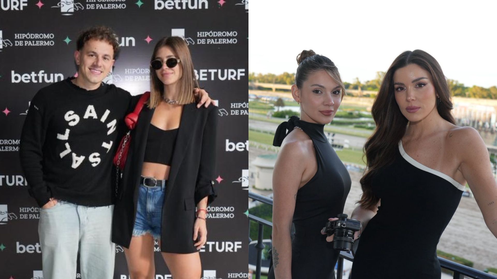 A la izquierda Agustín Battioni y Natacha Tedesco y a la derecha Sasha Ferro y una amiga en el after sunset, en la terraza del Hipódromo de Palermo.