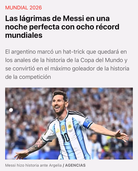 El título de Sport sobre la brillante noche del rosarino: "Las lágrimas de Messi en una noche perfecta con ocho récords mundiales".